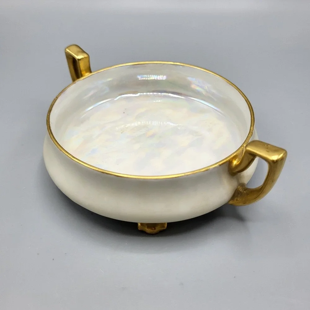 Prov Saxe Germany Trinket Dish Set Vintage Lusterware Gold Trim Footed White